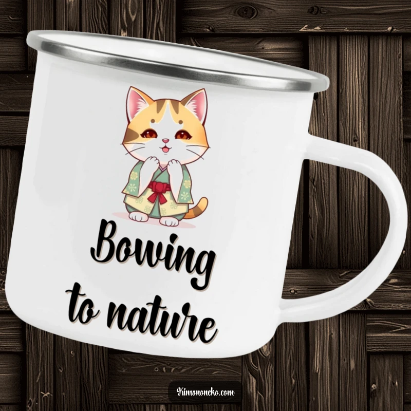 Funny kawaii calico cat in a festive kimono bowing on a camping mug, perfect for humorous anime outdoor enthusiasts.