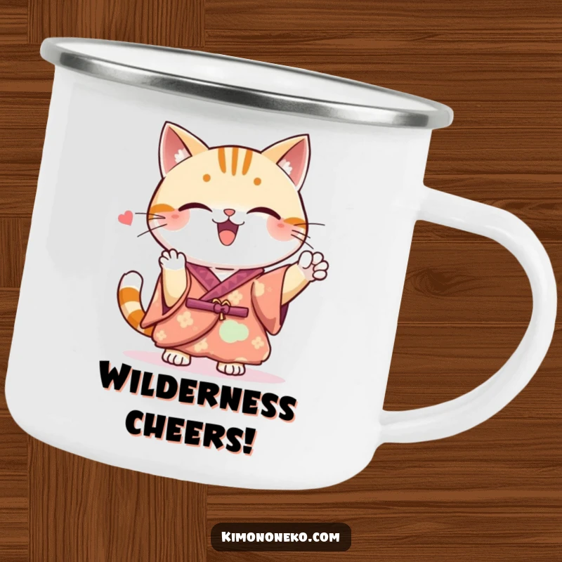 Funny Kawaii cat in a kimono, cheering outdoors, a durable and funny enamel camping mug.