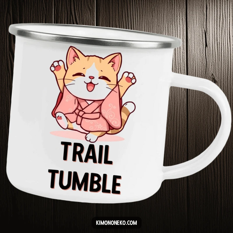 Funny Kawaii cat in a whimsical kimono doing a clumsy somersault, enamel camping mug, outdoor adventure design.