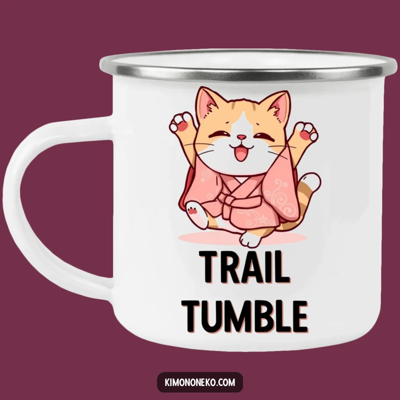Funny Kawaii Cat Kimono Camping Mug: Clumsy Camp Companion, Whimsical Outdoor Gift