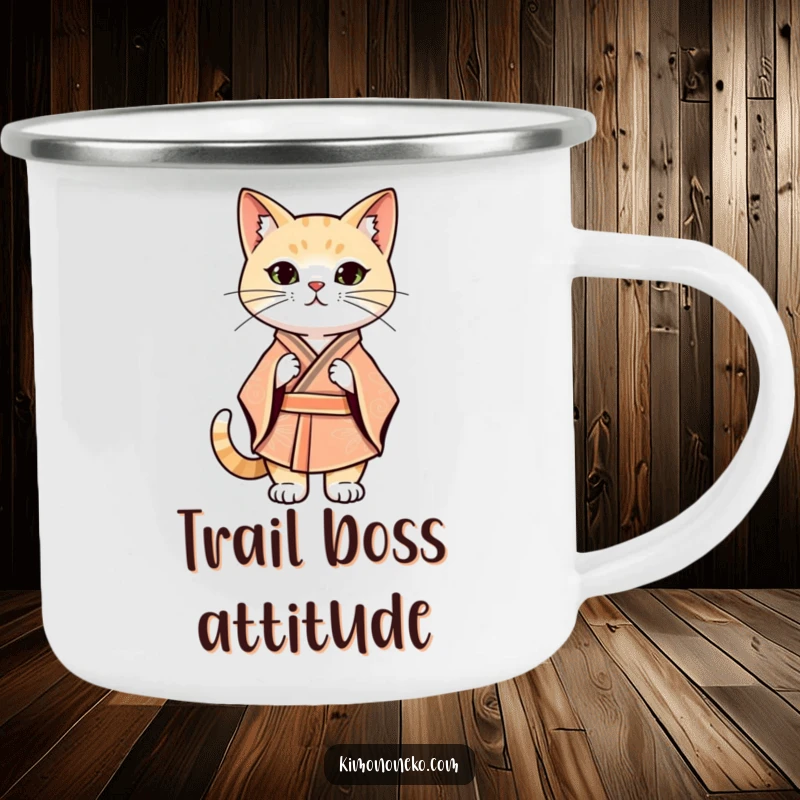 Funny Kawaii cat in a stylized kimono striking a confident stance, enamel camping mug, outdoorsy design.