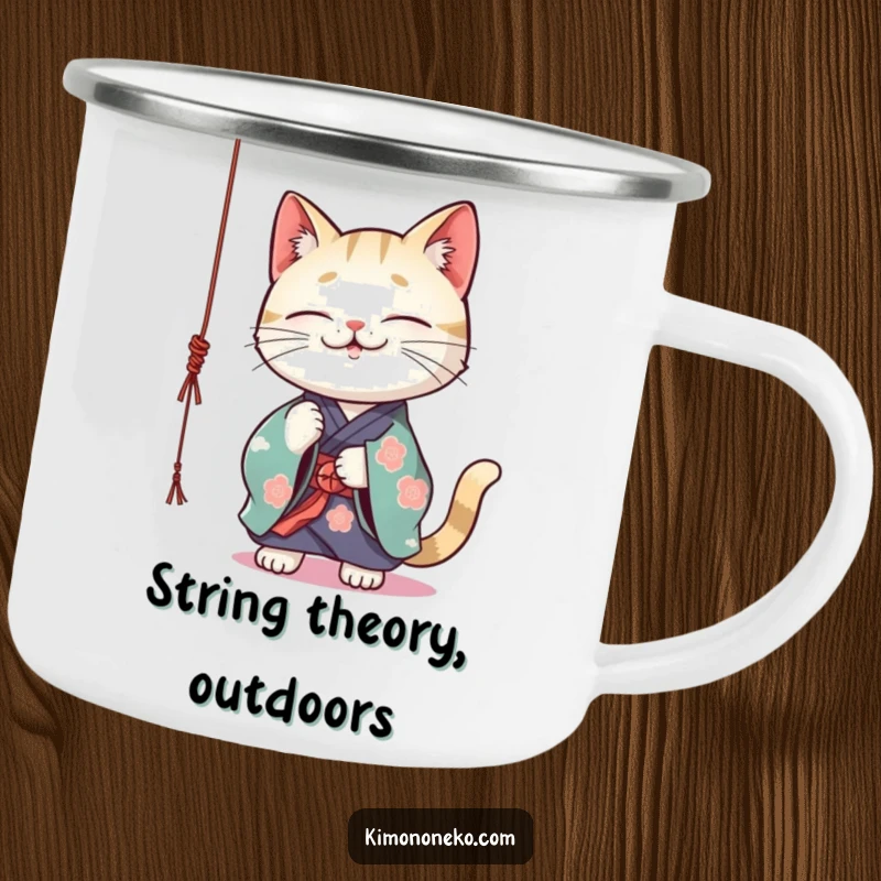 Funny Kawaii cat wearing a vibrant kimono playfully batting at a dangling string, enamel camping mug, rugged design.