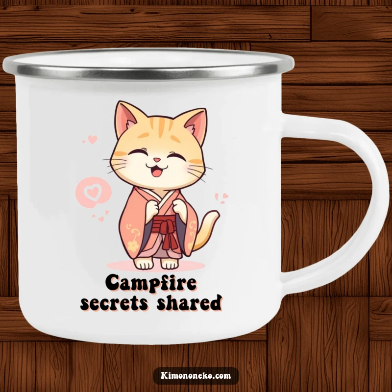 Funny Kawaii cat in an elegant kimono sharing a secret giggle, enamel camping mug, charming design.