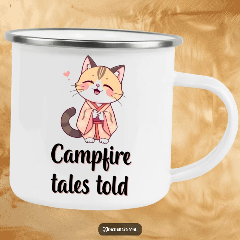 Funny Kawaii cat in an elegant kimono, sharing a secret giggle, durable and delightful for outdoor adventures.