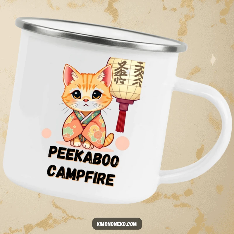Funny camping mug showcasing a kawaii ginger cat in a kimono, curiously peeking from behind a paper lantern, ideal for outdoor adventures.