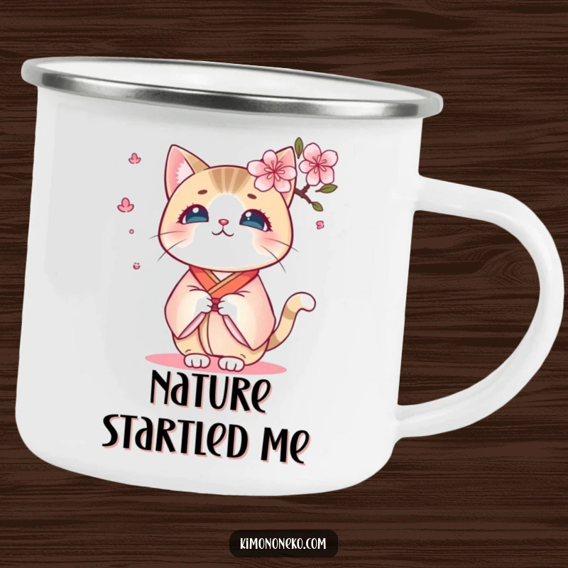Funny Kawaii Kimono Cat Camping Mug: A surprised kitty in a kimono reacting to a cherry blossom, ideal for outdoor funny gifts.