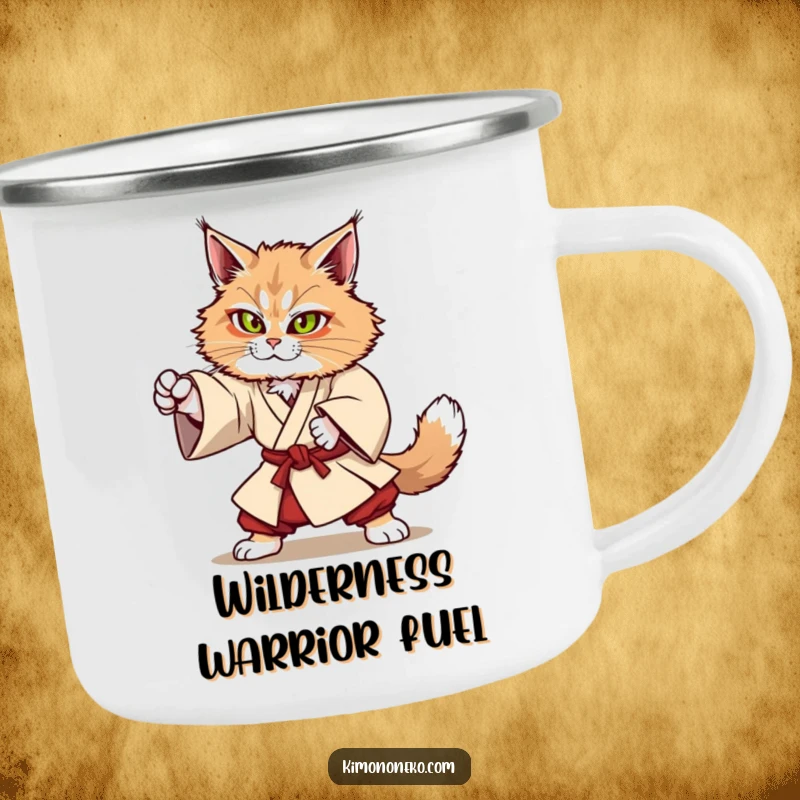 Funny Kawaii Maine Coon cat in sturdy kimono attempting martial arts move, strong anime camping mug, gift.