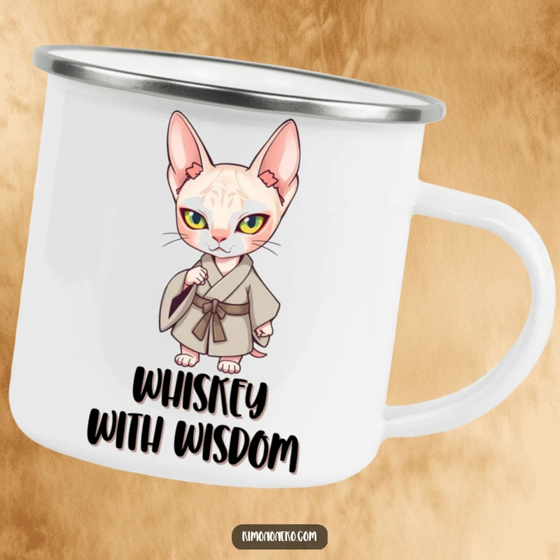 Funny Kawaii Sphynx Cat Kimono Camping Mug: A determined Sphynx cat in a kimono, ready for outdoor adventures.