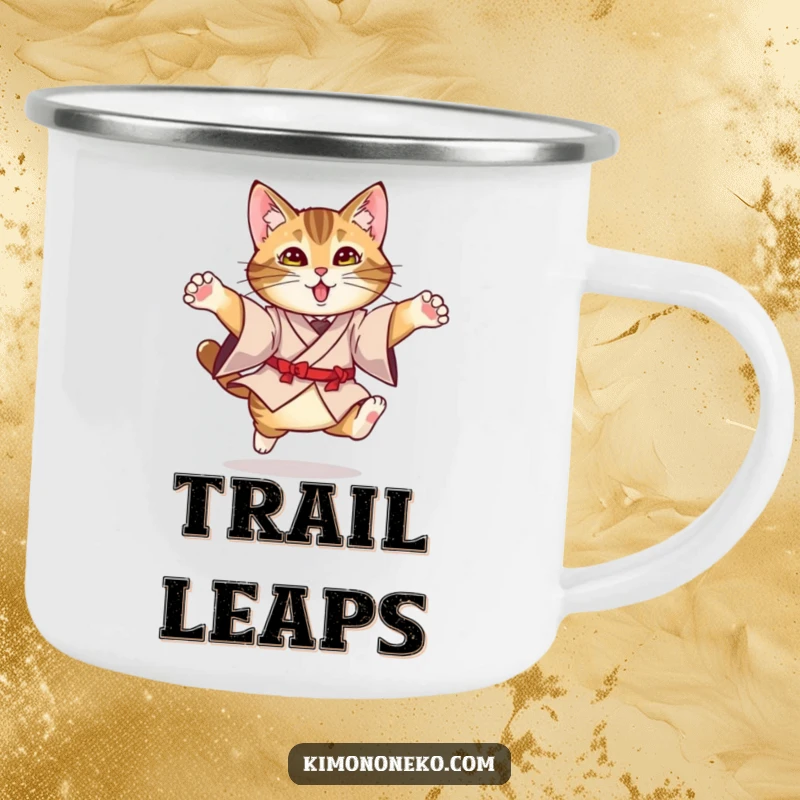 Funny Kimono Cat Camping Mug: A tabby cat in a formal kimono performing a funny leap, perfect for outdoor enthusiasts.