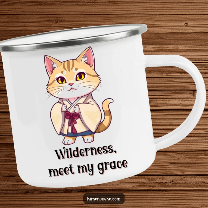 Funny Majestic Cat Kimono Camping Mug with a proud cat in traditional silk, perfect for outdoor drinks with humorous elegance.