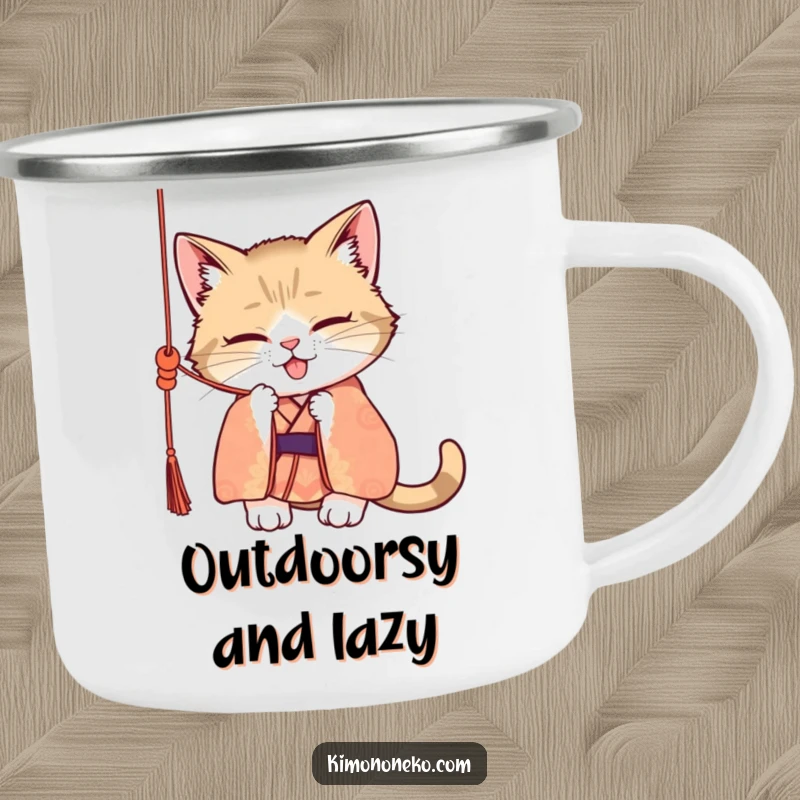 Funny camping mug illustration of a mischievous cat in a patterned kimono, batting at a dangling silk cord, ready for campfire tales and chuckles.