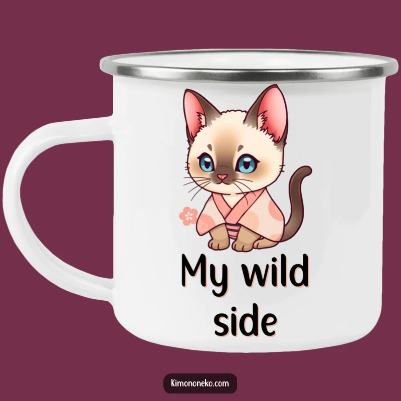 Funny Siamese Cat Kimono Camping Mug: Curious Feline Adventure, Humorous Outdoor Gift