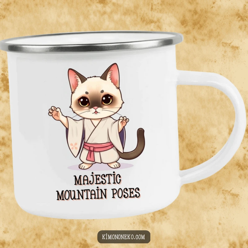 Funny Siamese Cat Kimono Camping Mug: A Kawaii Siamese cat in a silk kimono posing dramatically, ready for outdoor adventures.