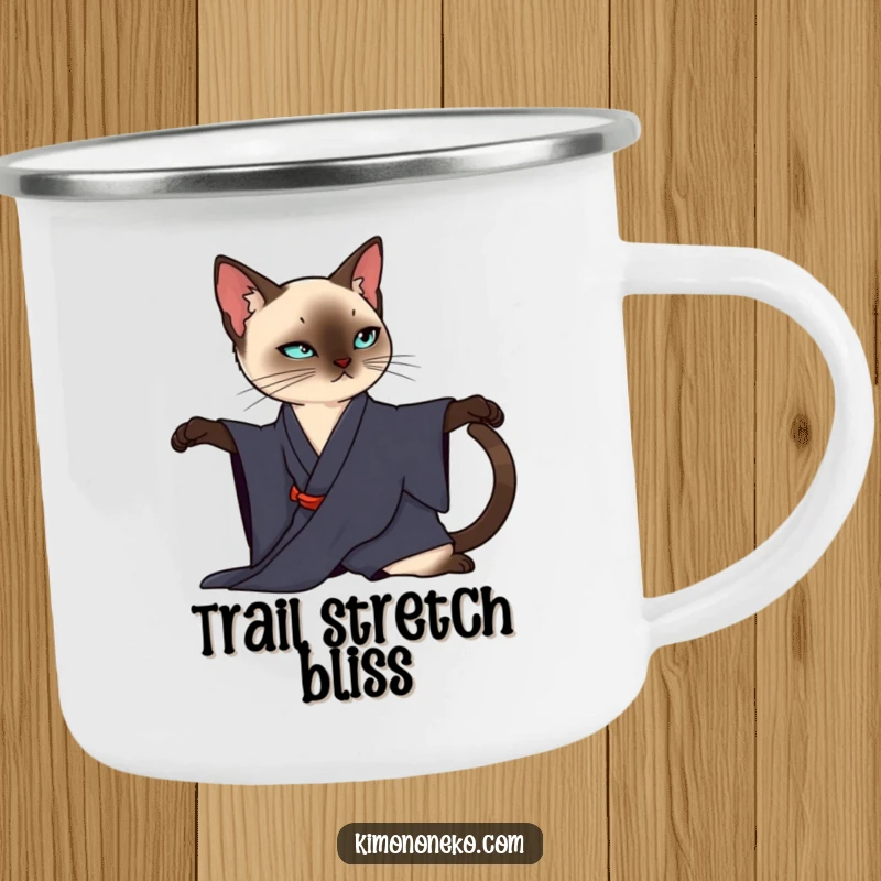 Funny Siamese Cat Camping Mug: A sleek Siamese cat in a dark kimono elegantly stretches, perfect for stylish outdoor sips.
