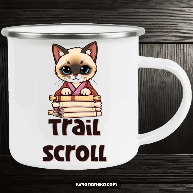 Funny Siamese Cat Kimono Camping Mug: A Siamese cat in a stylish kimono peering curiously over a stack of scrolls, great for campers.