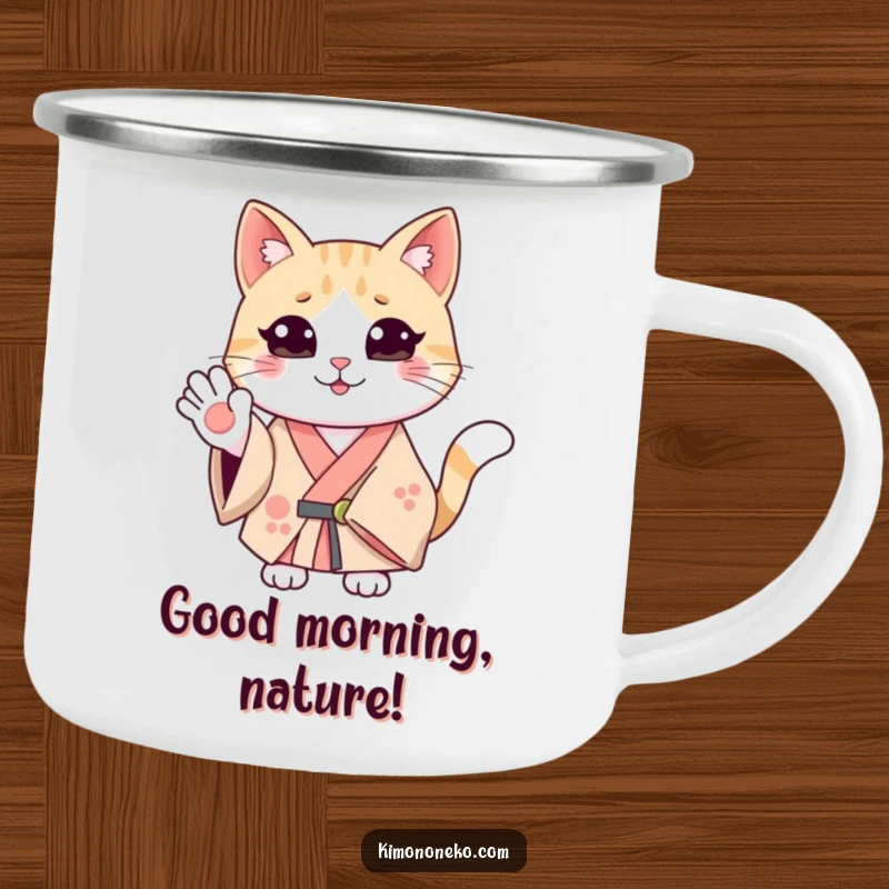 Funny smiling cat in a kimono, waving hello. Sturdy camping mug for cheerful outdoor humor.