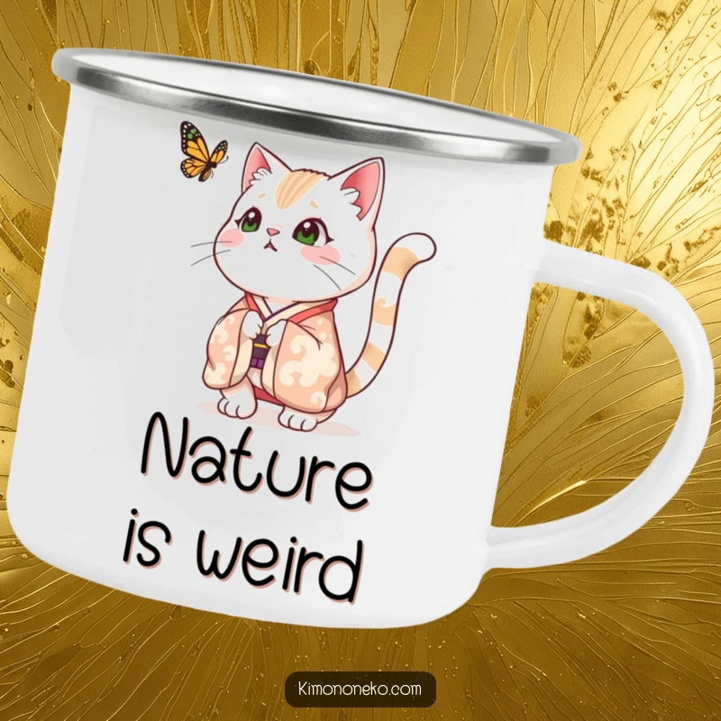 Funny camping mug illustration of a surprised cat in a festive kimono, tail comically puffed while looking at a fluttering butterfly, ready for outdoor fun.
