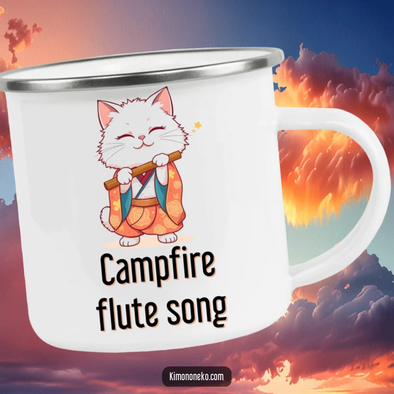 Funny White Cat Camping Mug: A fluffy white cat in a vibrant kimono pretends to play a flute, perfect for camping jams.