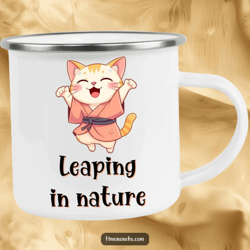 Funny Kawaii cat in a silk kimono, mid-leap, a durable and funny enamel camping mug.