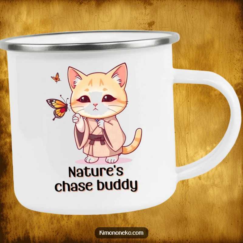 Funny camping mug showing a cat in a patterned kimono humorously batting at a butterfly, ideal for outdoor adventures and smiles.