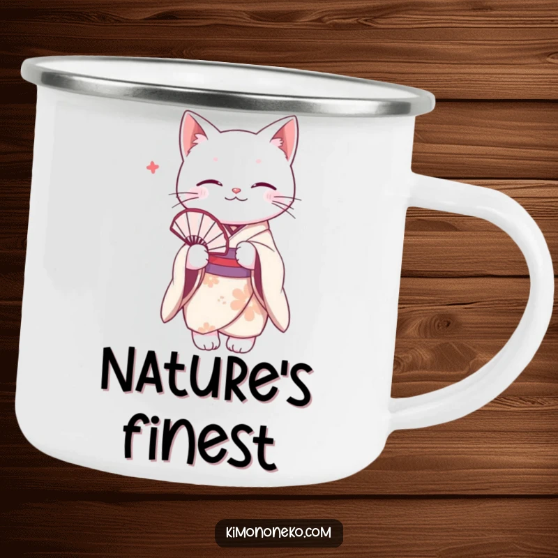 Funny white cat in a delicate kimono, holding a fan. Sturdy camping mug for elegant outdoor humor.
