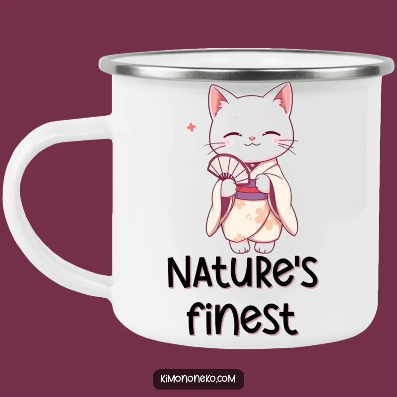 Funny White Cat Kimono Camping Mug: Elegant Outdoor Sip, Humorous Adventure Gift