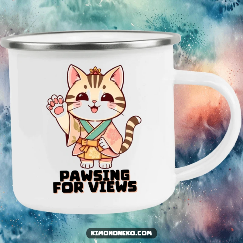 Funny striped cat in a festive kimono waving its paw, on a durable camping mug.