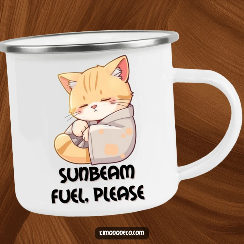 Funny enamel camping mug showing a sleepy cat in a kimono napping in a sunbeam, built for outdoor comfort and humor.