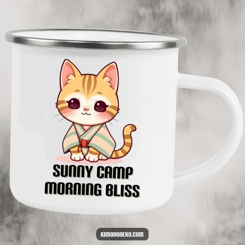 Funny Kawaii Tabby Cat Camping Mug: A content tabby cat in a striped kimono enjoys the sun, its peaceful presence adding humor to the outdoors.