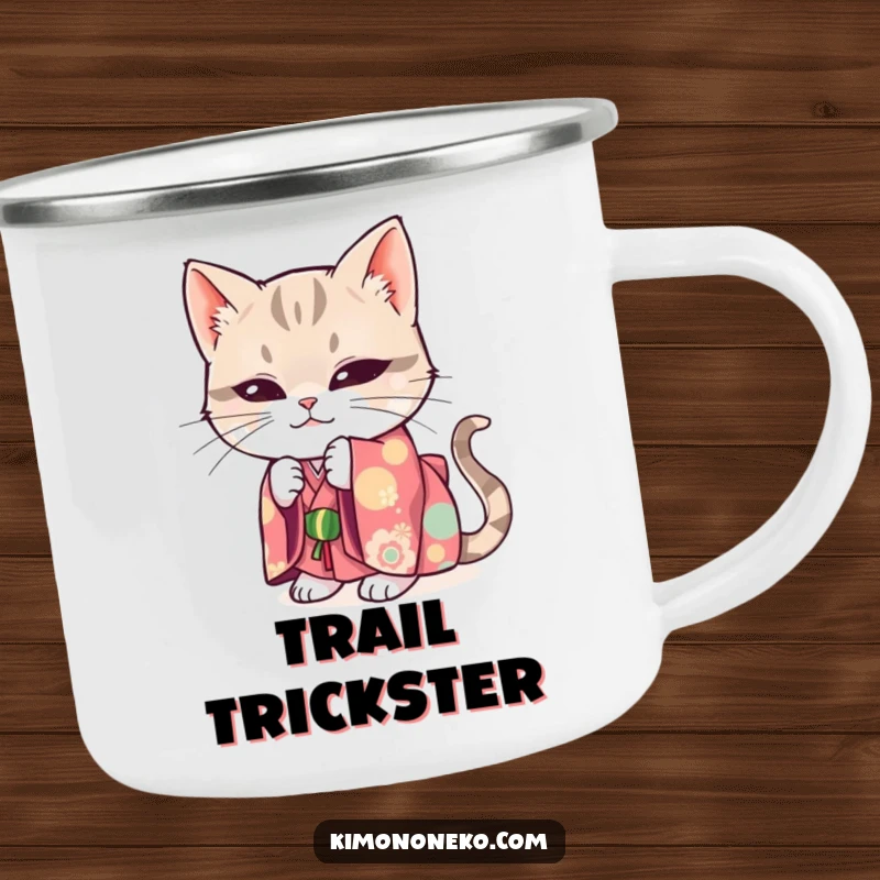 Funny camping mug showing a mischievous cat in a bright kimono, hiding playfully.