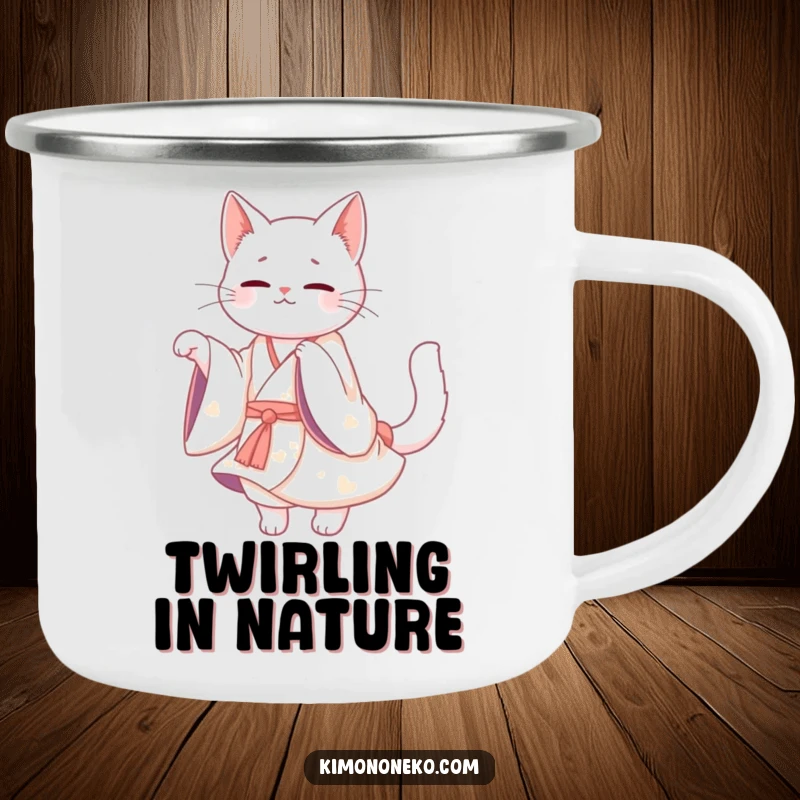 Funny White Cat Kimono Camping Mug: A Kawaii white cat in a flowing kimono twirling gracefully, ready for adventures.