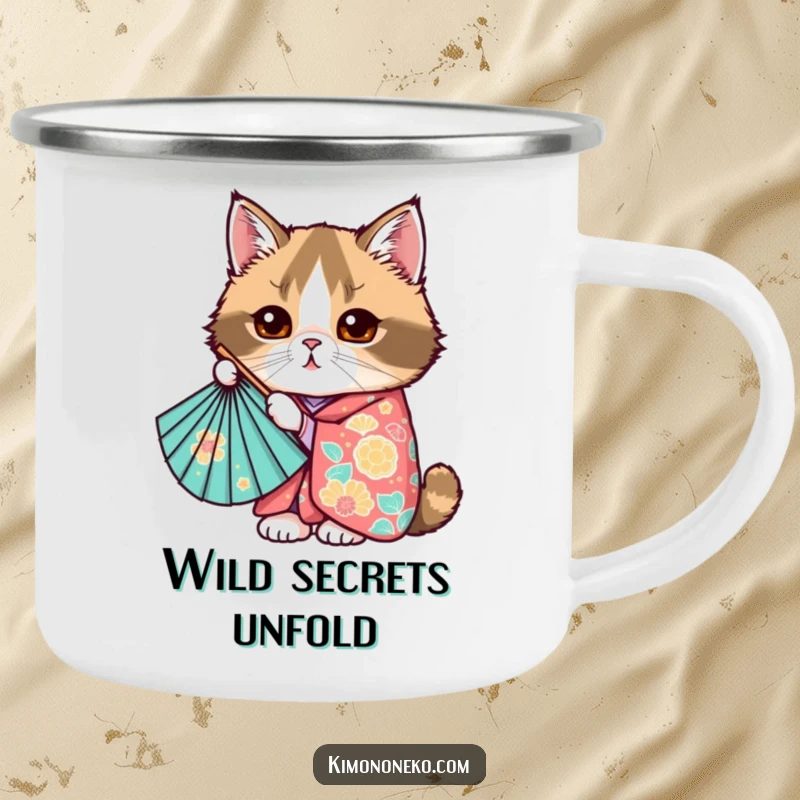 Funny Kawaii Scottish Fold cat peeking from behind a fan, colorful kimono, cute anime camping mug, gift.
