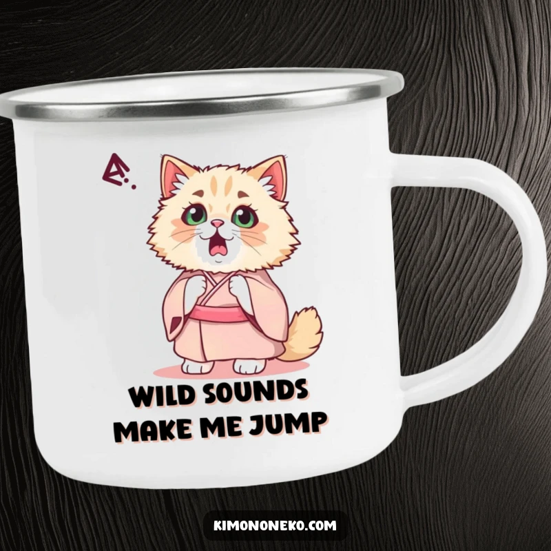 Funny Kawaii Persian Cat Camping Mug: A startled cat in a fancy kimono reacts humorously to nature's surprises, adding charm to your brew.