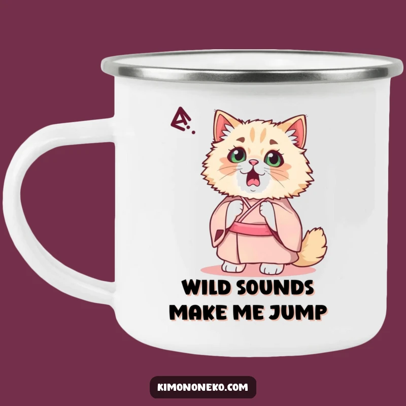 Funny Kawaii Persian Cat Camping Mug: Startled Reaction Outdoors