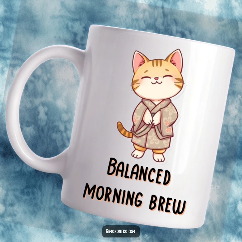 Funny Kawaii tabby cat in a patterned kimono, balancing precariously on its hind legs, looking determined and cute.