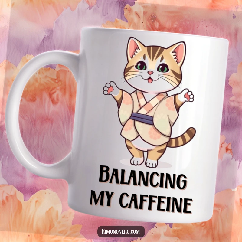 Funny Kawaii Tabby Cat Mug: A cat in a patterned kimono balancing on its hind legs, with a humorous and determined expression.