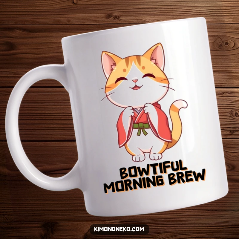 Funny happy kawaii calico cat in a red and white kimono, performing a graceful bow, on a cheerful mug.
