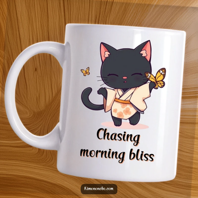 Funny black cat mug, a cat in a simple kimono playfully chasing a butterfly, perfect funny gift.