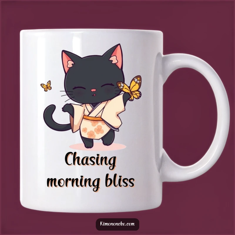 Funny Black Cat Kimono Mug: Playful Butterfly Chase, Hilarious Gift