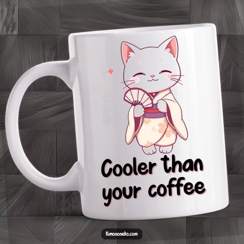 Funny white cat gracefully holding a fan while wearing a delicate kimono. This mug art is perfect for elegant cat admirers.
