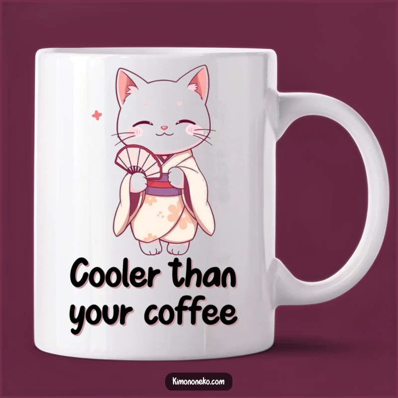 Funny White Cat Kimono Mug: Elegant Feline Fan Dance, Perfect Humorous Gift