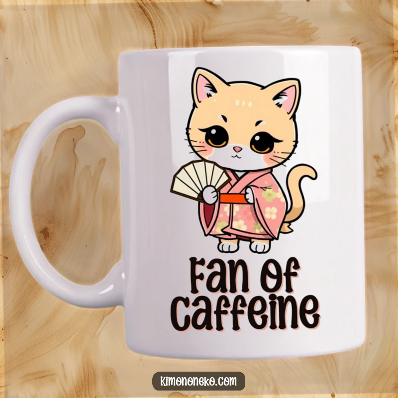 Funny Kawaii cat in a floral kimono, artfully posing with a fan, elegant and funny mug.