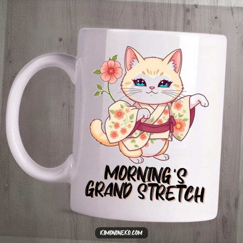Funny mug illustration of an artistic cat in a floral kimono doing a regal stretch.