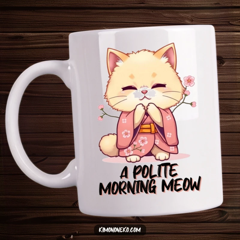 Funny bowing cat mug, showing a fluffy feline in a cherry blossom kimono, offering a polite and charming gesture, perfect for tea time.