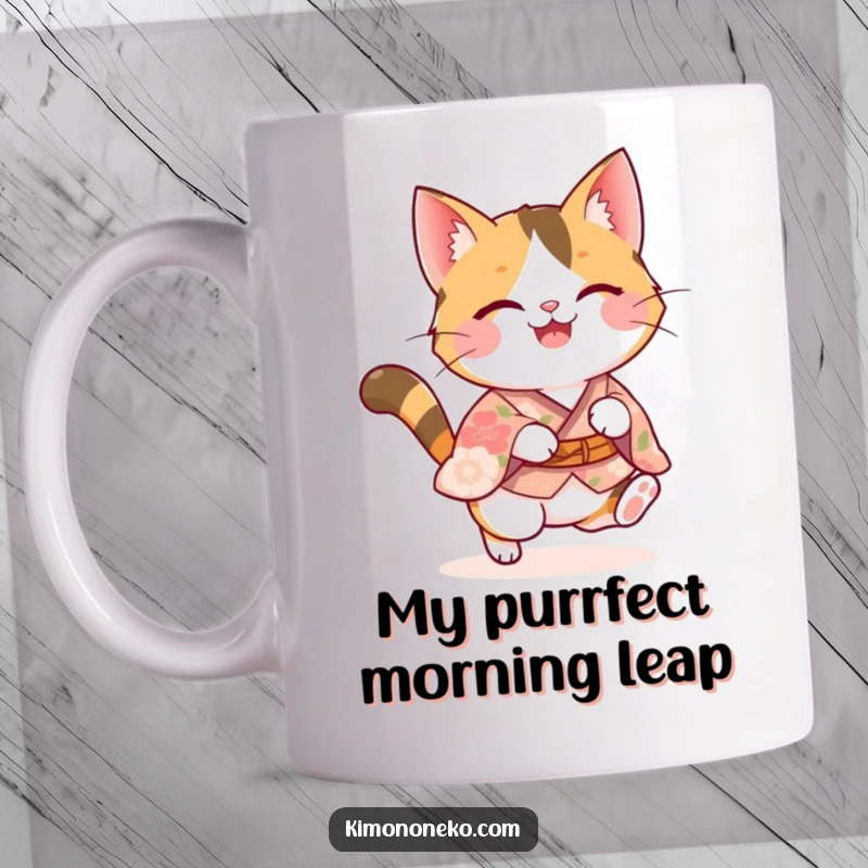 Funny calico kawaii cat in a floral kimono doing a joyful pounce, exuding happiness and playful energy on a ceramic mug.
