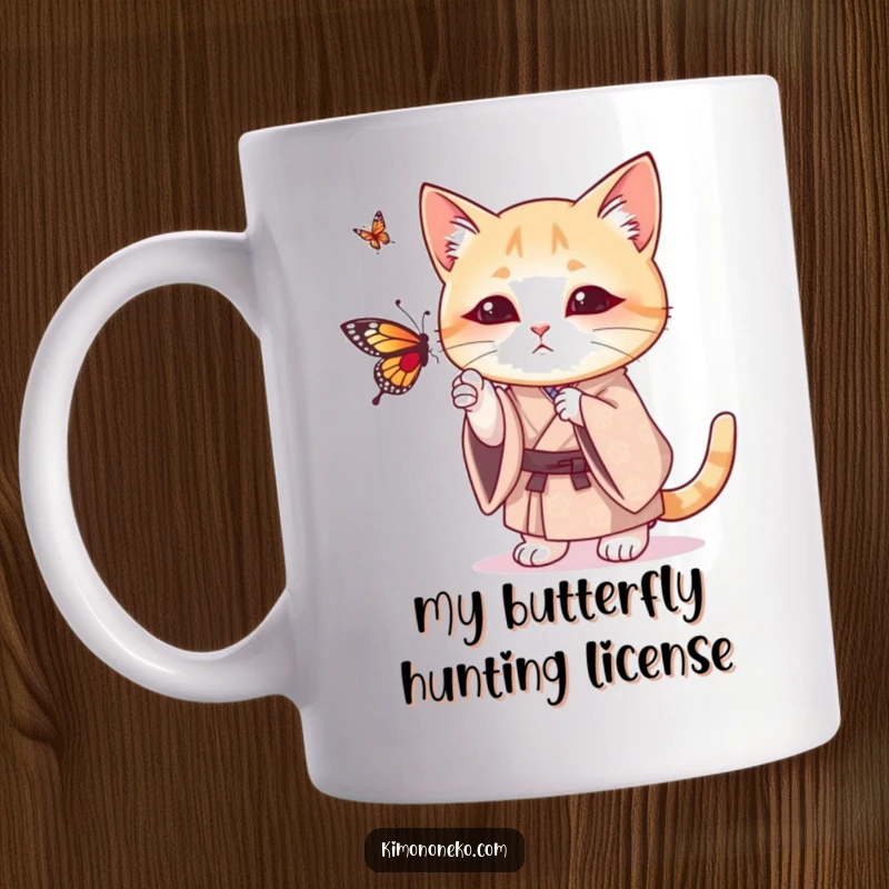 Funny mug with a cat in a patterned kimono playfully batting at a butterfly, showcasing its mischievous and energetic personality.