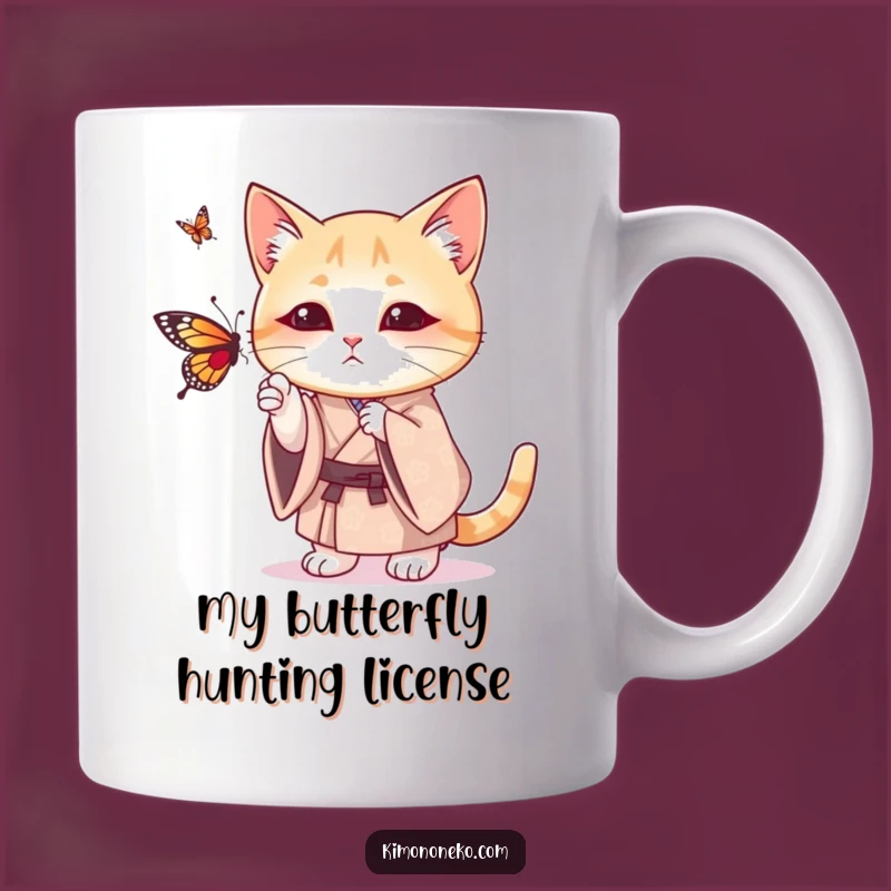 Funny Cat Kimono Mug Gift: Playful Kitty Batting Butterfly - Unique Gift