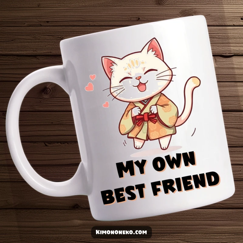 Funny mug showing a mischievous cat in a traditional kimono in a comical loop, chasing its own tail with silly energy.