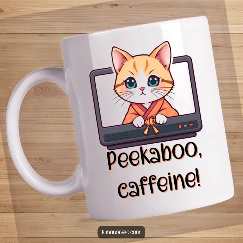 Funny curious cat in a bright kimono peeking playfully from behind traditional Japanese screens, perfect for a coffee mug.