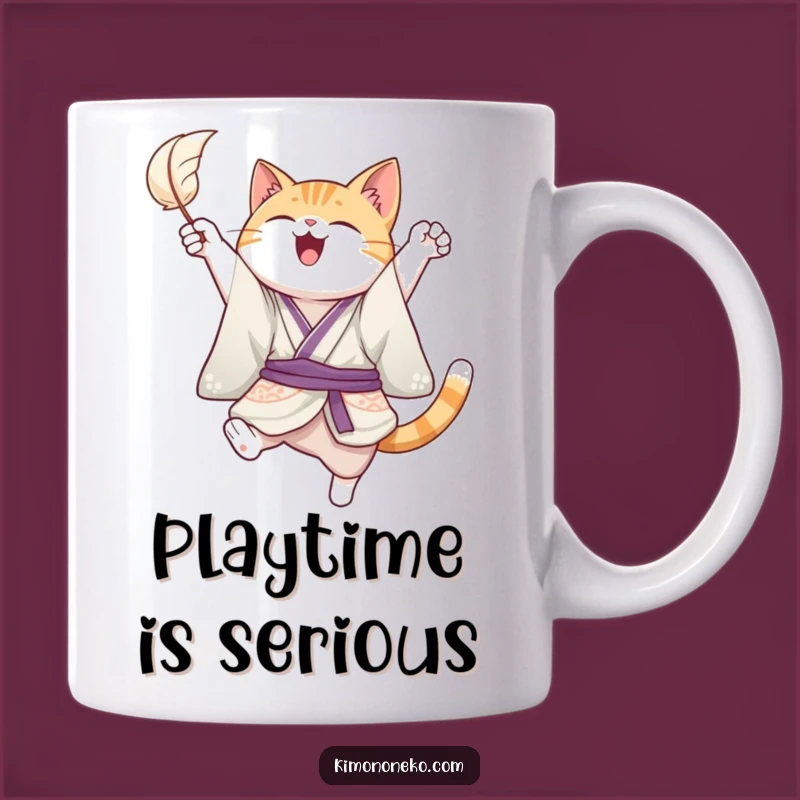 Funny Joyful Cat Kimono Mug - Playful Leap & Feather Fun!
